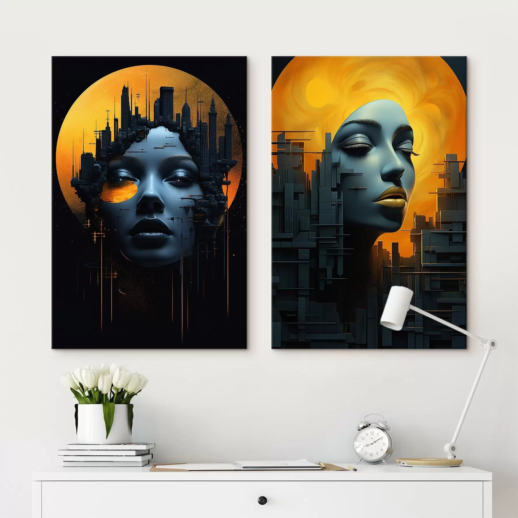  Peintures Portrait d'une jeune fille sur fond de ville abstraite m00618