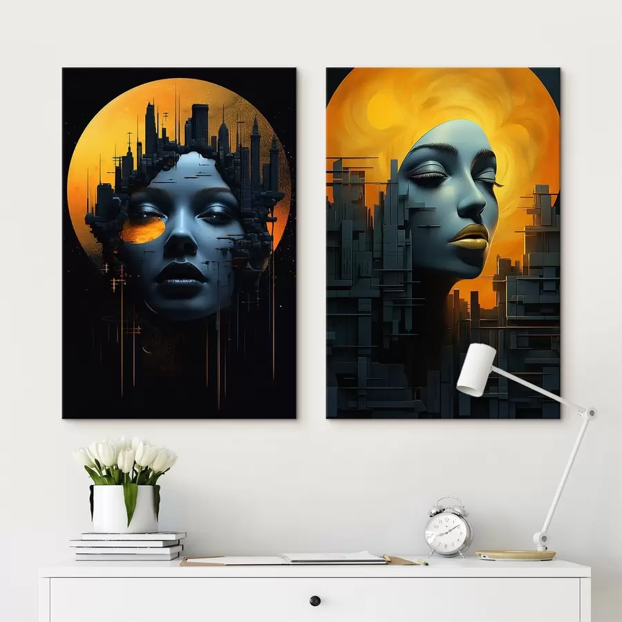  Peintures Portrait d'une jeune fille sur fond de ville abstraite m00618