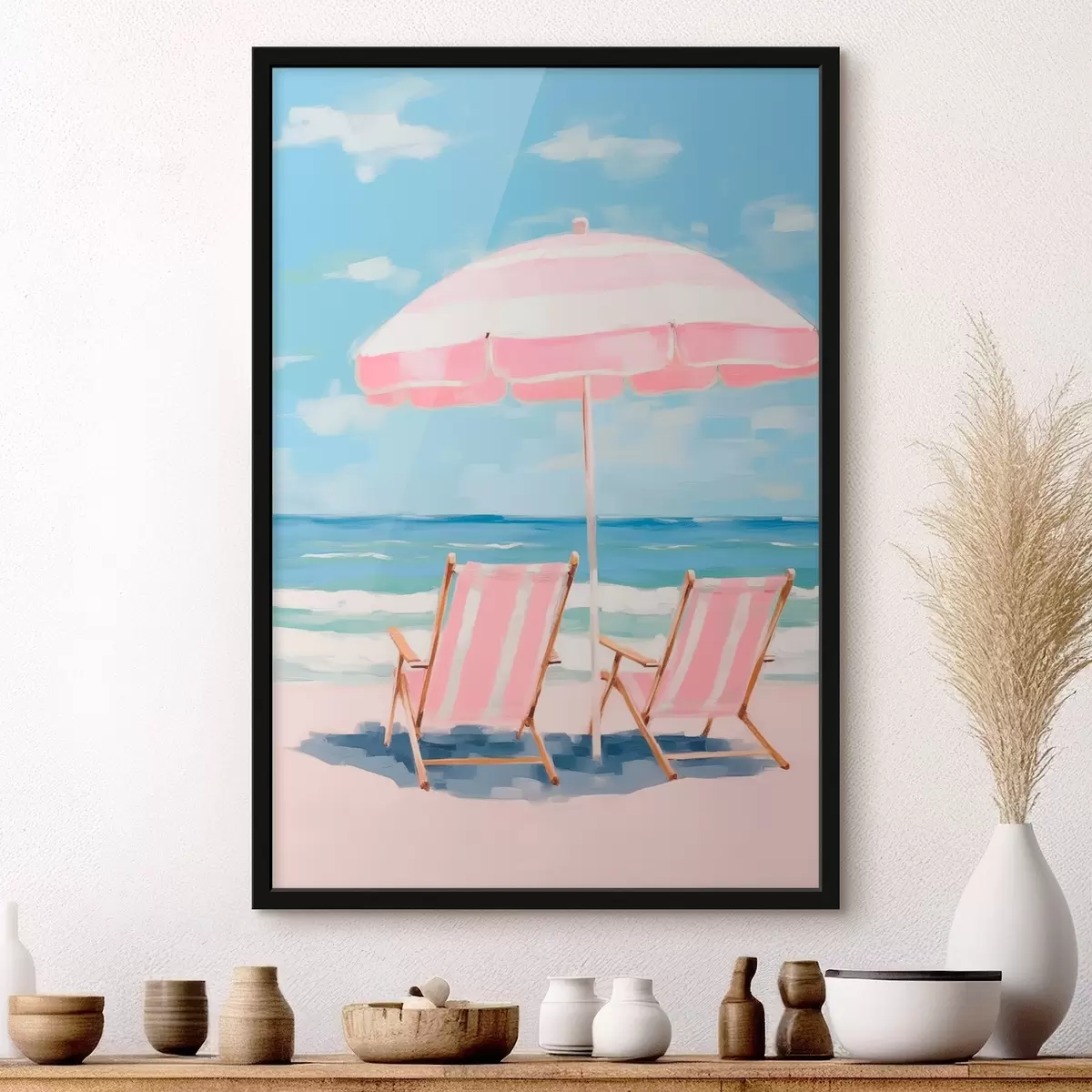Poster Parasol en ligstoelen aan de kust f45442
