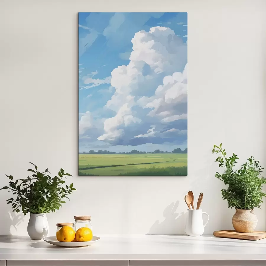  Schilderijen Veld tegen de lucht met enorme wolken s45453