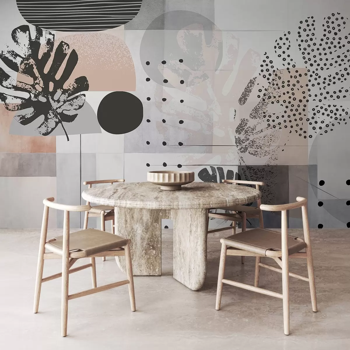 Papier peint photo Impression abstraite avec des formes géométriques et des feuilles tropicales de monstera, des cercles, des points et des lignes, un design moderne et minimaliste w09333