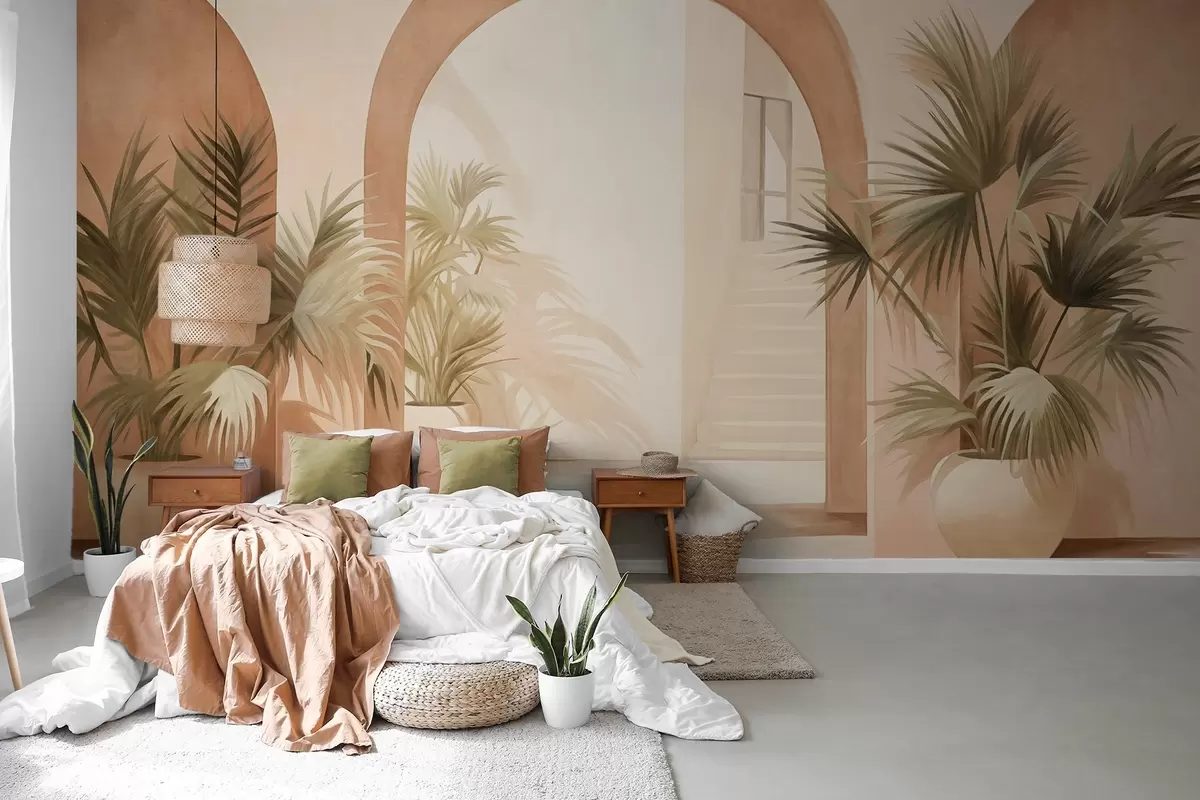 Fotobehang Bogen met structuur en potplanten, lichtbeige kleurenpalet, minimalistisch ontwerp, trap op de achtergrond w09339