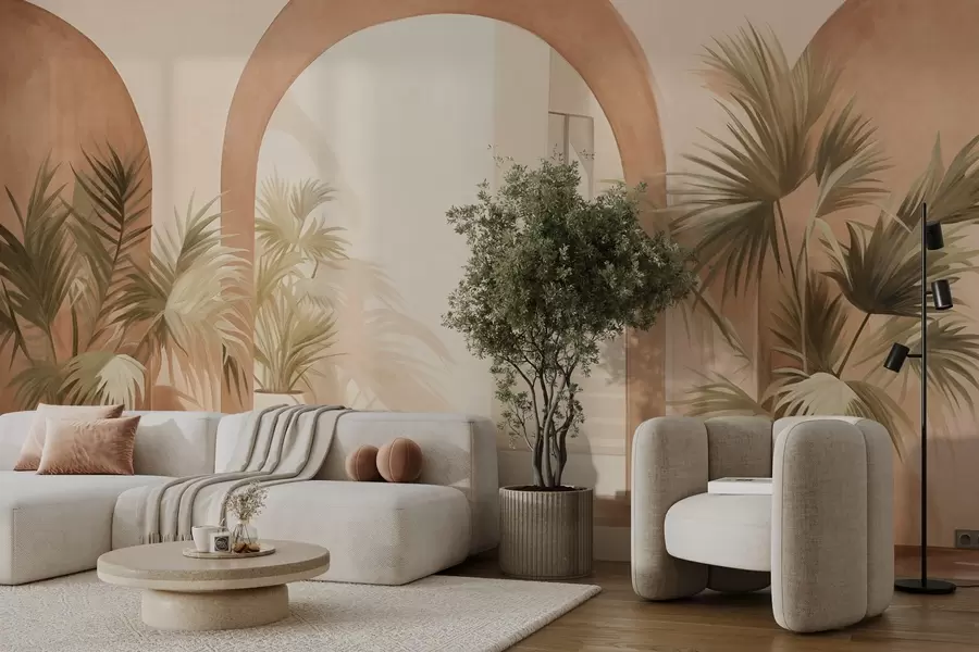 Fotobehang Bogen met structuur en potplanten, lichtbeige kleurenpalet, minimalistisch ontwerp, trap op de achtergrond w09339