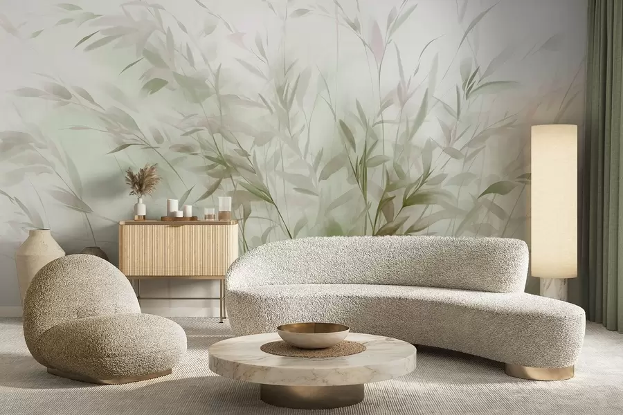 Fotobehang Gras en onkruid met dunne blaadjes en stengels, lichtgroene en bruine kleuren, zachte en fijne penseelstreken, minimalistische print w09342