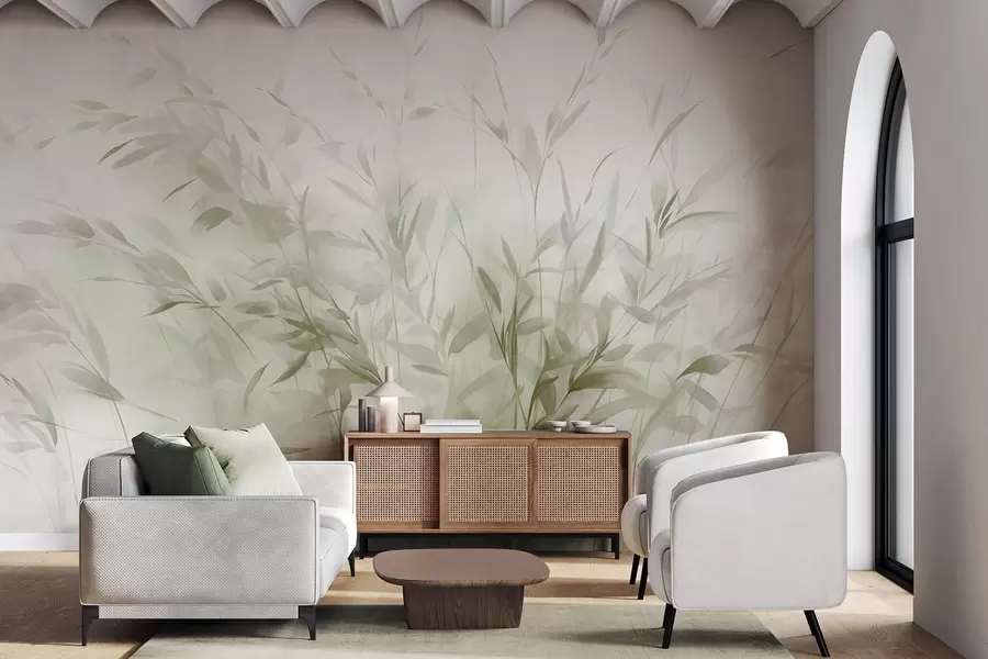 Papier peint photo Herbe et mauvaises herbes avec des feuilles et des tiges fines, couleurs vertes et brunes, coups de pinceau doux et délicats, impression minimaliste w09342