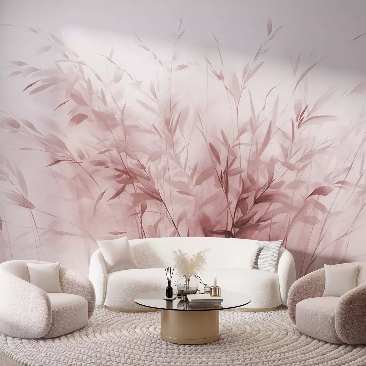 Fotobehang Gras en onkruid met dunne blaadjes en stengels, lichtroze kleuren, zachte en delicate penseelstreken, minimalistische print w09342v2