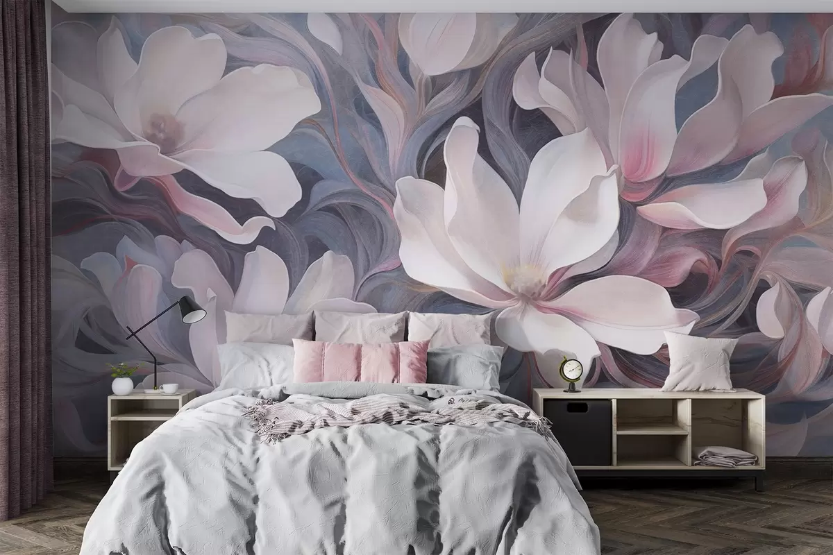 Fotobehang Textuurschilderij van witte magnoliabloemen met roze accenten tegen een achtergrond van wervelende, gedempte blauwe en grijze tinten w09344
