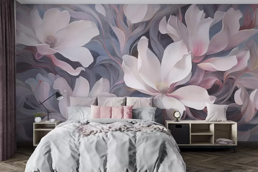 Papier peint photo Peinture texturée de fleurs de magnolia blanches avec des accents roses, sur un fond de tons bleus et gris sourds et tourbillonnants w09344