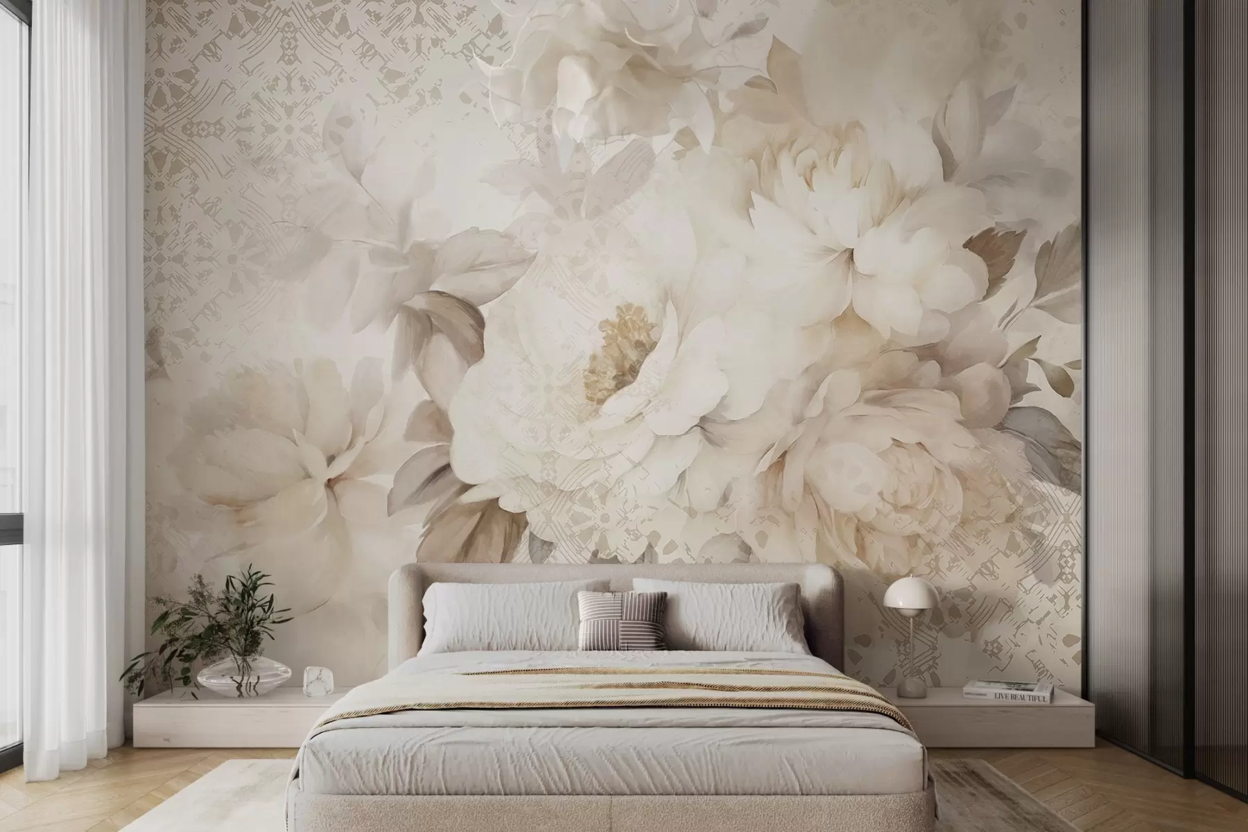 Fotobehang Een bloemstuk van witte pioenrozen met beige bladeren, tegen een decoratieve achtergrond met een vintage textuur w09345