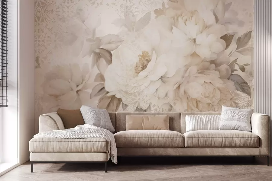 Papier peint photo Arrangement floral de pivoines blanches avec des feuilles beiges, sur un fond décoratif à la texture vintage w09345