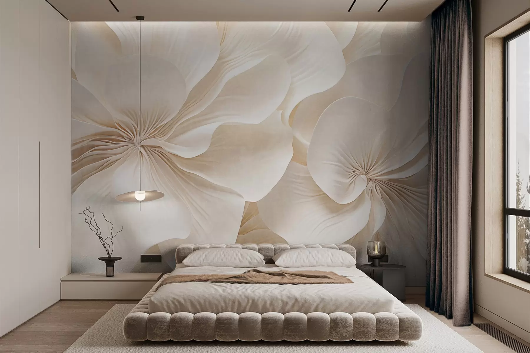 Fotobehang Close-up van bloemen met crèmekleurige textuur en fijne, vloeiende bloemblaadjes, waardoor een zacht, elegant bloemstuk met textuur ontstaat w09346