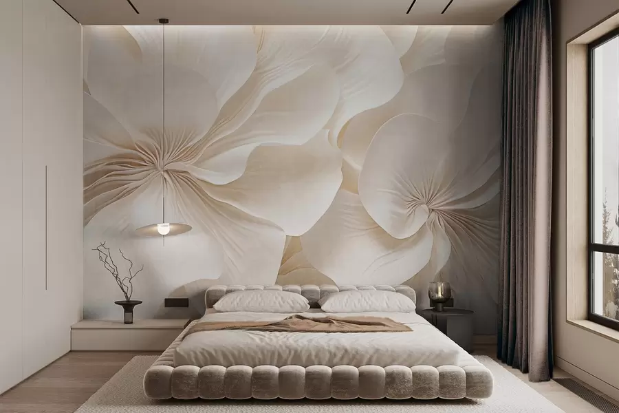 Papier peint photo Gros plan sur des fleurs à la texture crémeuse et aux pétales délicats et fluides, créant une composition florale douce, élégante et texturée w09346