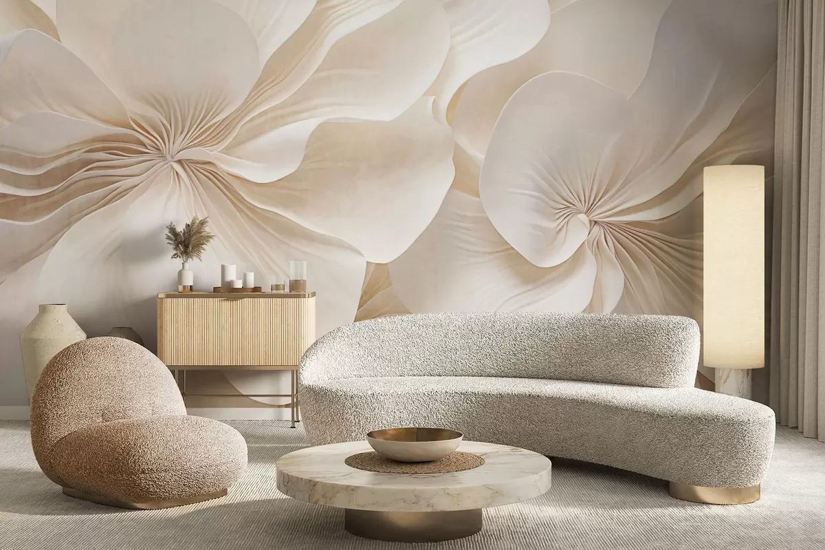 Fotobehang Close-up van bloemen met crèmekleurige textuur en fijne, vloeiende bloemblaadjes, waardoor een zacht, elegant bloemstuk met textuur ontstaat w09346