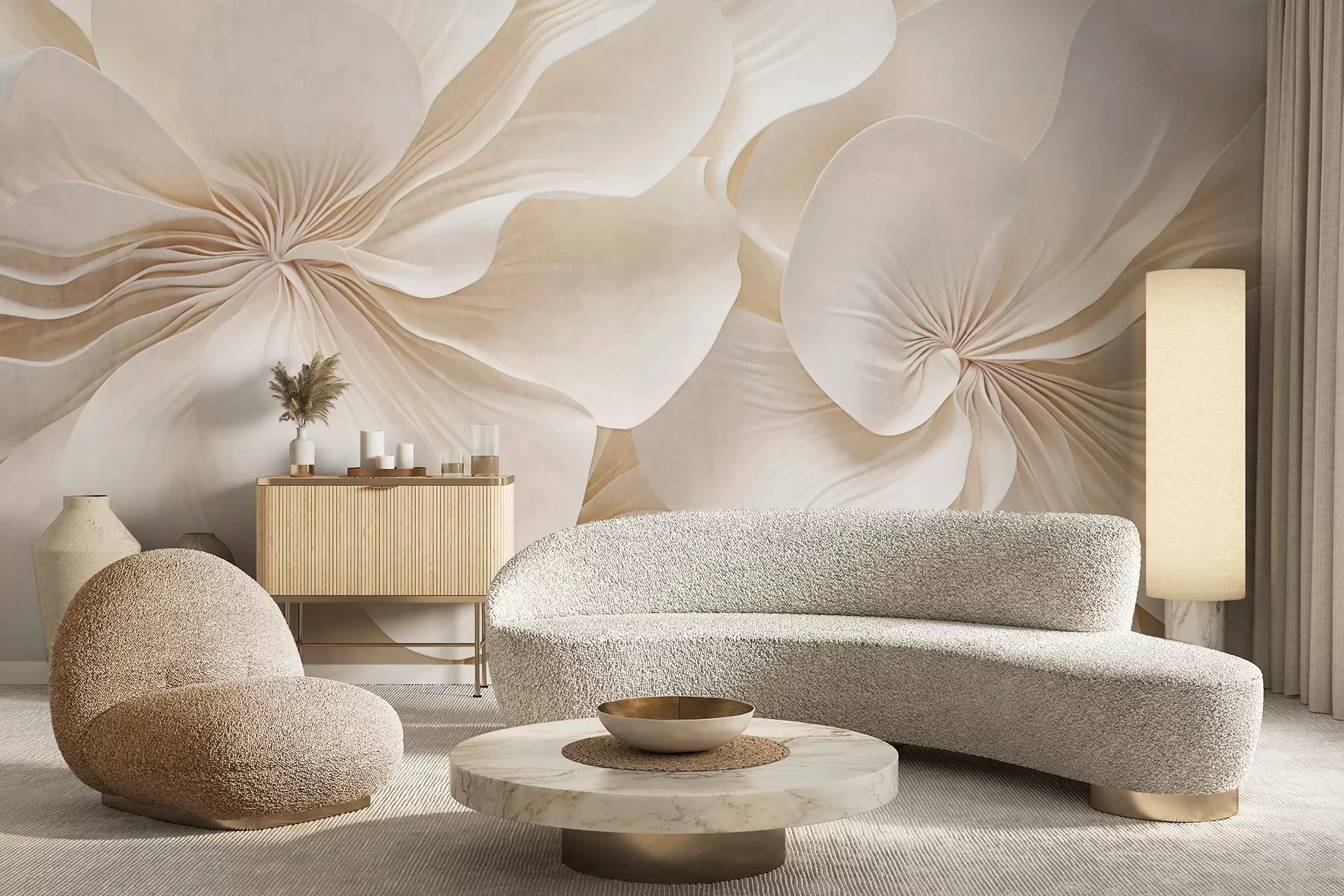 Fotobehang Close-up van bloemen met crèmekleurige textuur en fijne, vloeiende bloemblaadjes, waardoor een zacht, elegant bloemstuk met textuur ontstaat w09346