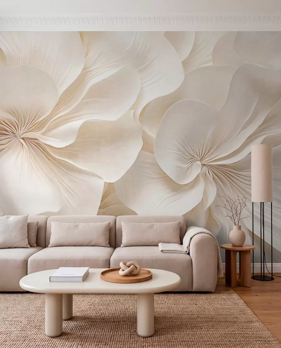 Fotobehang Close-up van bloemen met crèmekleurige textuur en fijne, vloeiende bloemblaadjes, waardoor een zacht, elegant bloemstuk met textuur ontstaat w09346