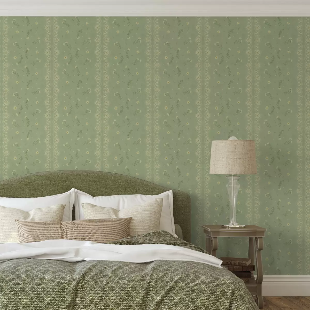 Behang Groene achtergrond met madeliefjes en kanten rand a00291