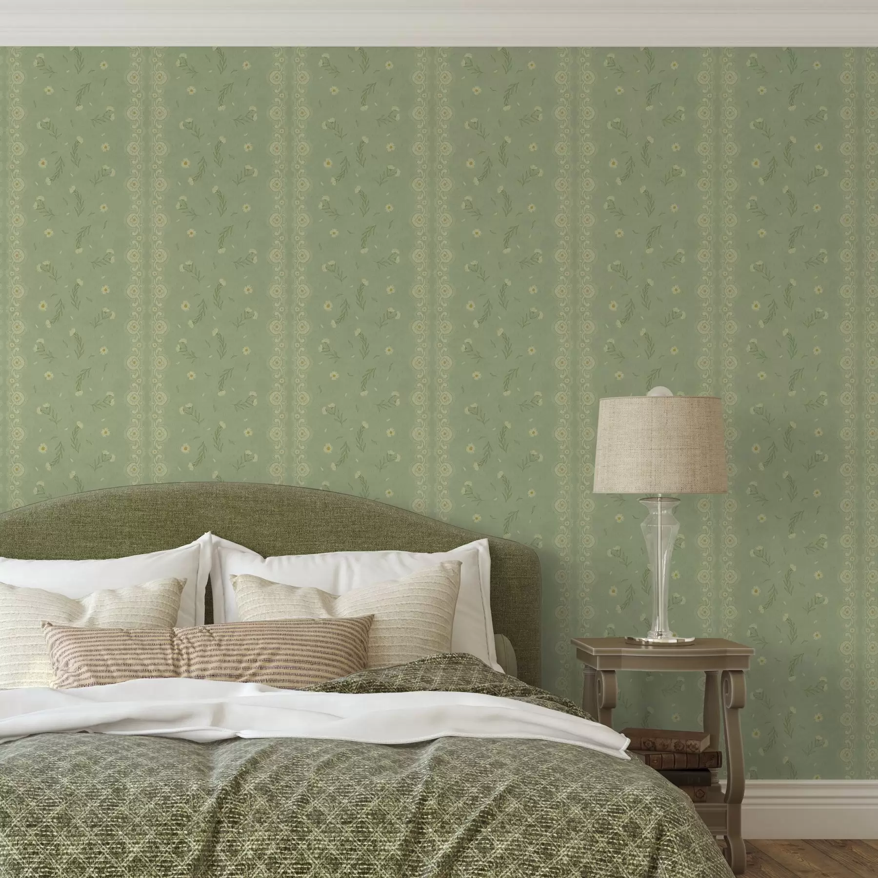 Papier peint photo Fond vert avec marguerites et bordure en dentelle a00291