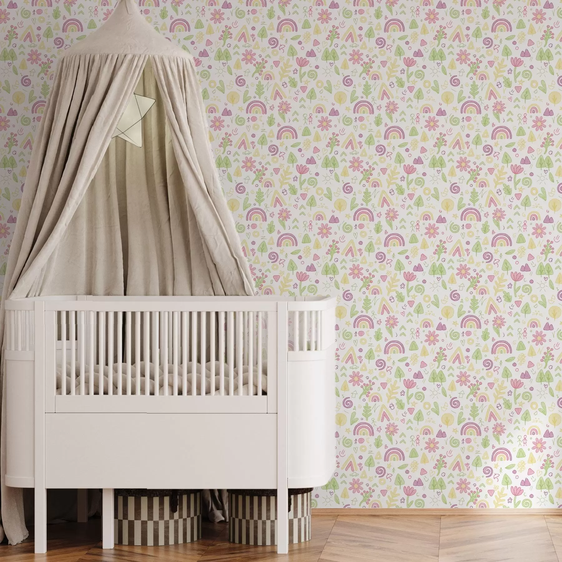 Fotobehang Kindertekening met regenbogen, bloemen en bomen a00296