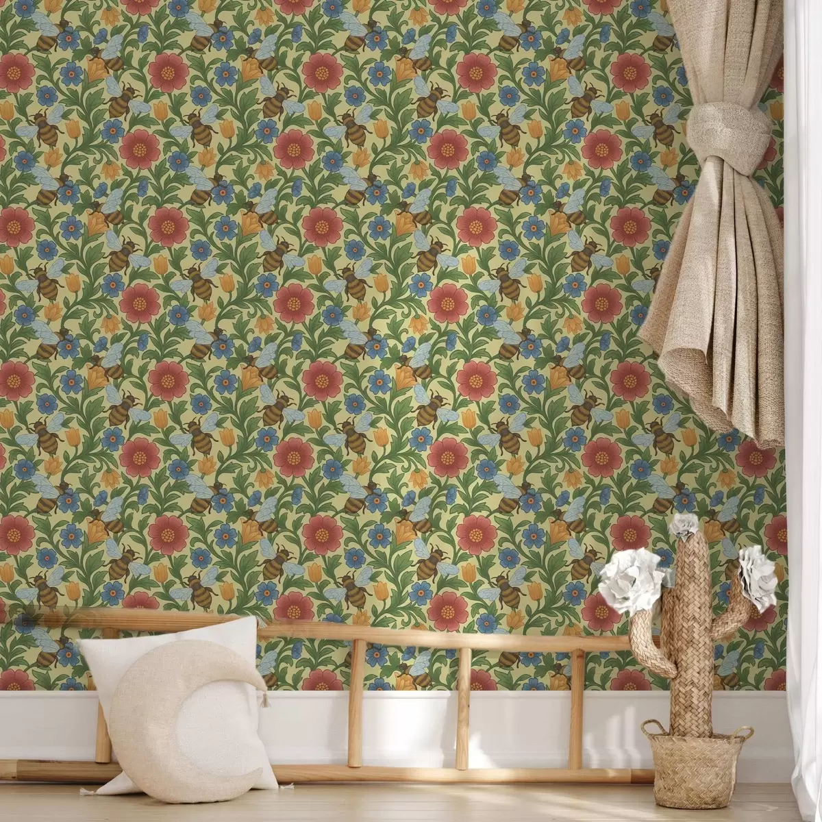 Behang Heldere bloemen met grote bijen a00315