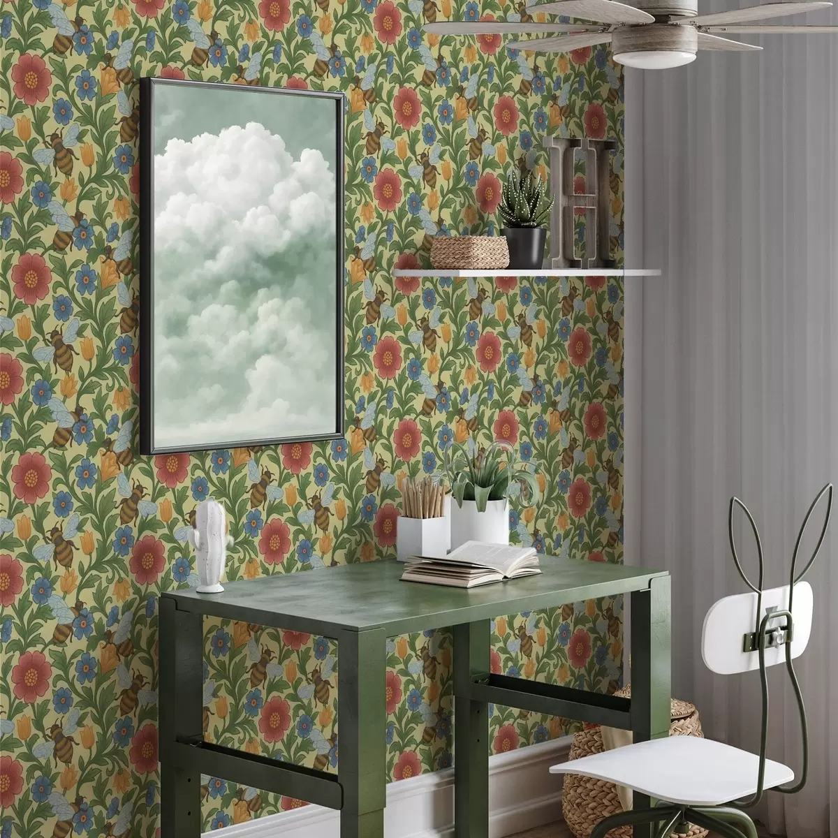 Behang Heldere bloemen met grote bijen a00315