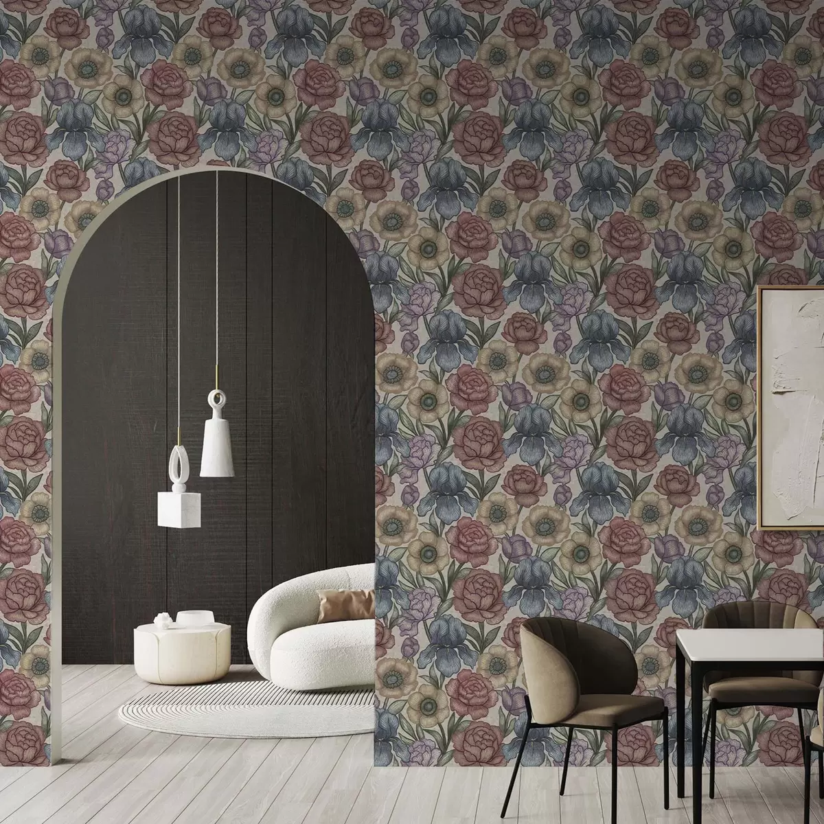 Papier peint Grandes illustrations florales avec iris et pivoines a00325