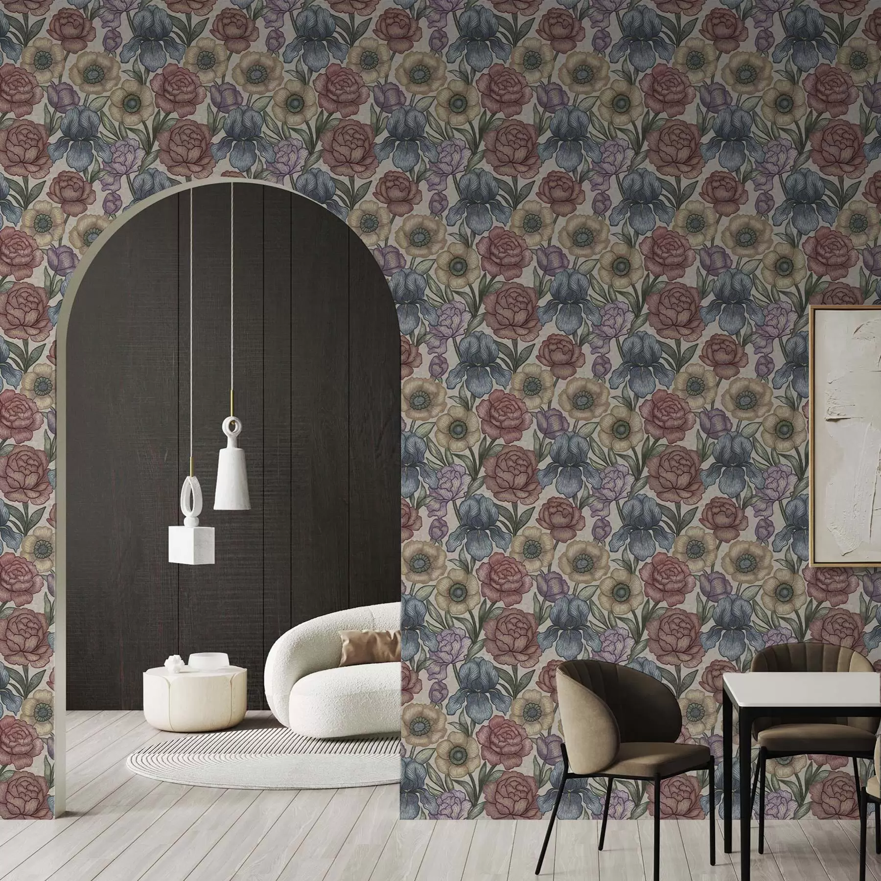 Fotobehang Grote bloemenillustraties met irissen en pioenen a00325