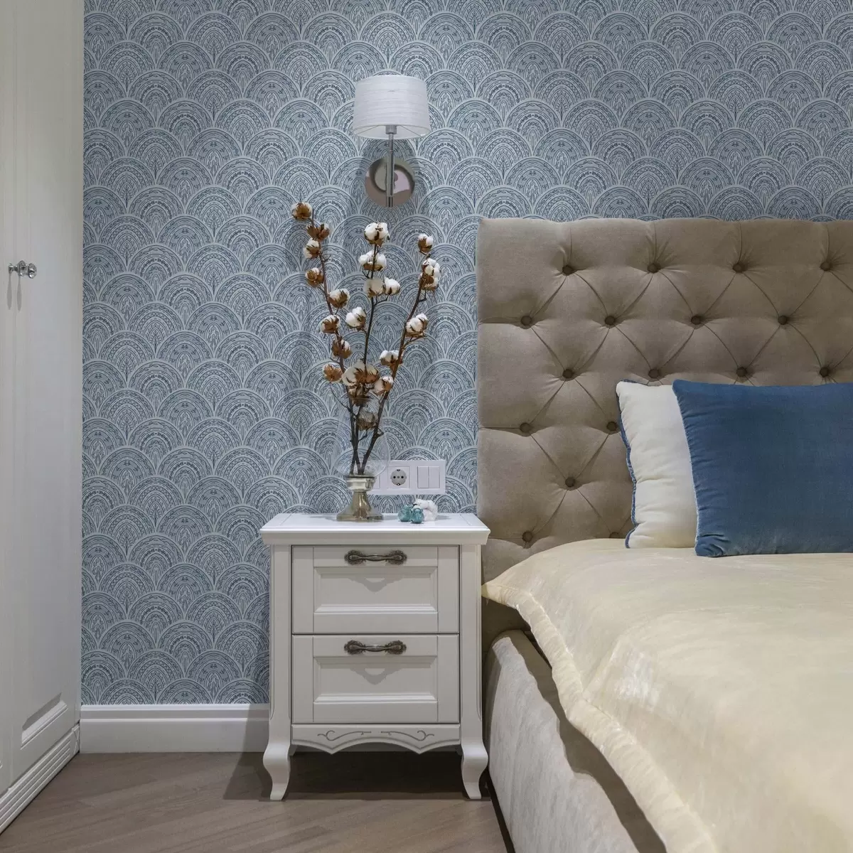 Behang Blauw ornament met bogen en patronen a00332