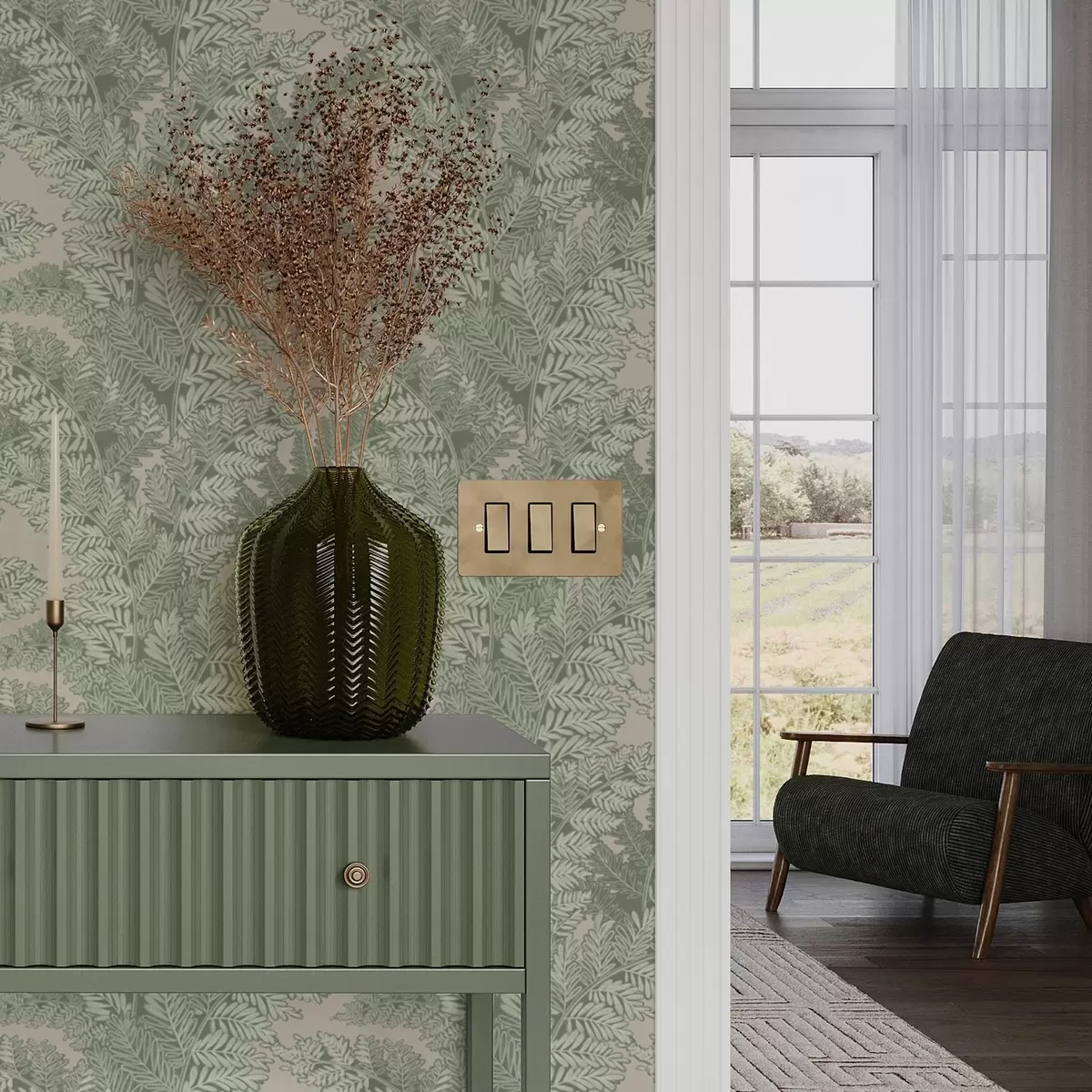 Behang Groen patroon met varenbladeren a00345