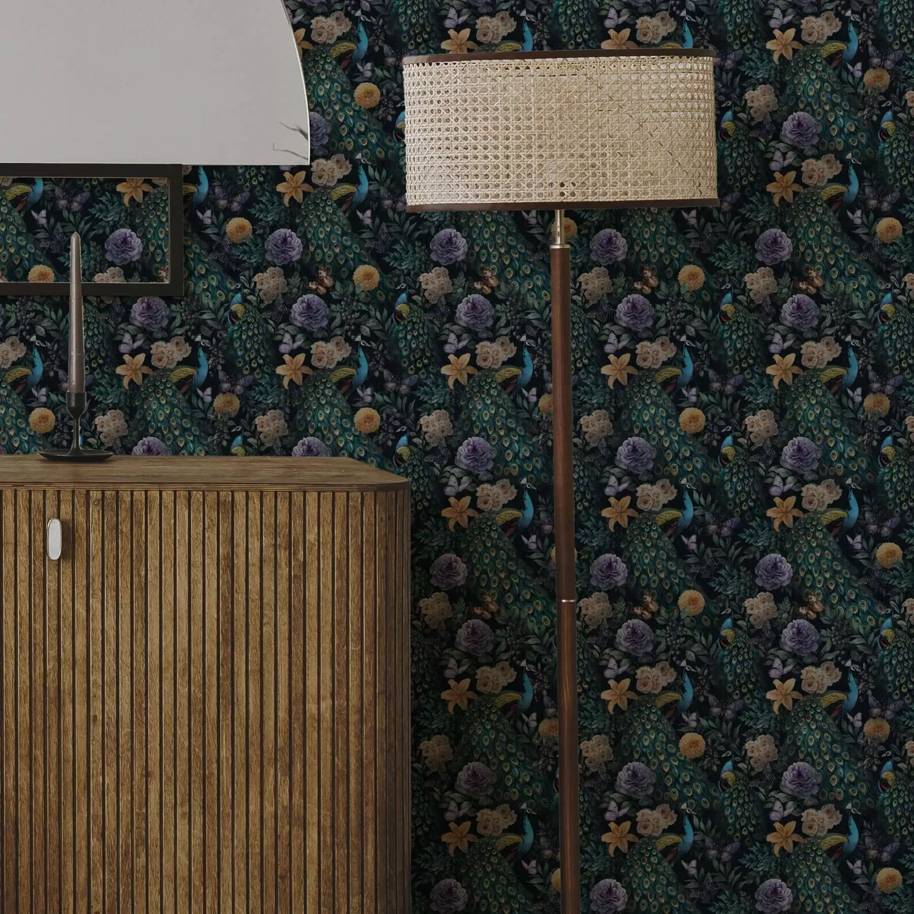 Fotobehang Pauwen tussen donkere bloemen en vlinders a00348