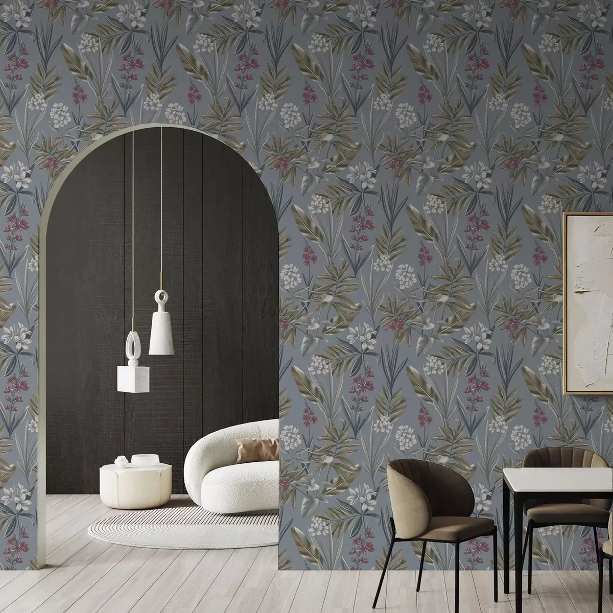 Behang Bloemtakken op een blauwgrijze achtergrond a00350