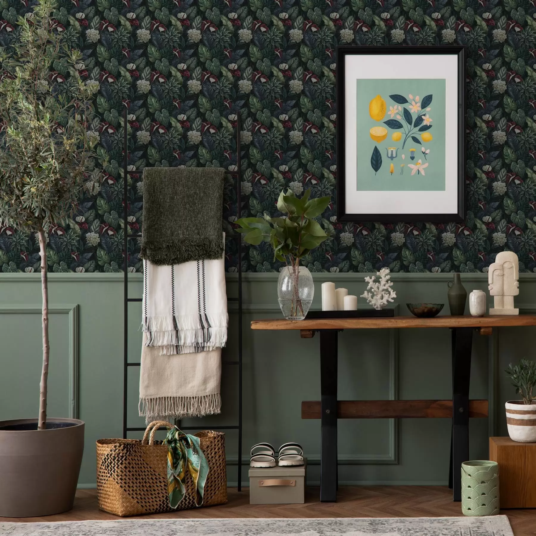 Papier peint photo Feuilles tropicales avec fleurs blanches et rouges a00361