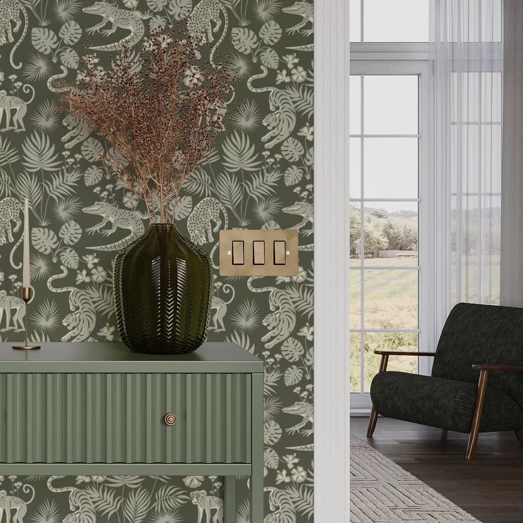 Papier peint photo Silhouettes d'animaux sauvages parmi des feuilles tropicales a00404