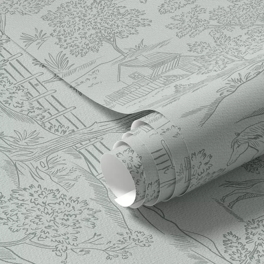 Papier peint photo Paysage monochrome vert avec chevaux et chalets a00407