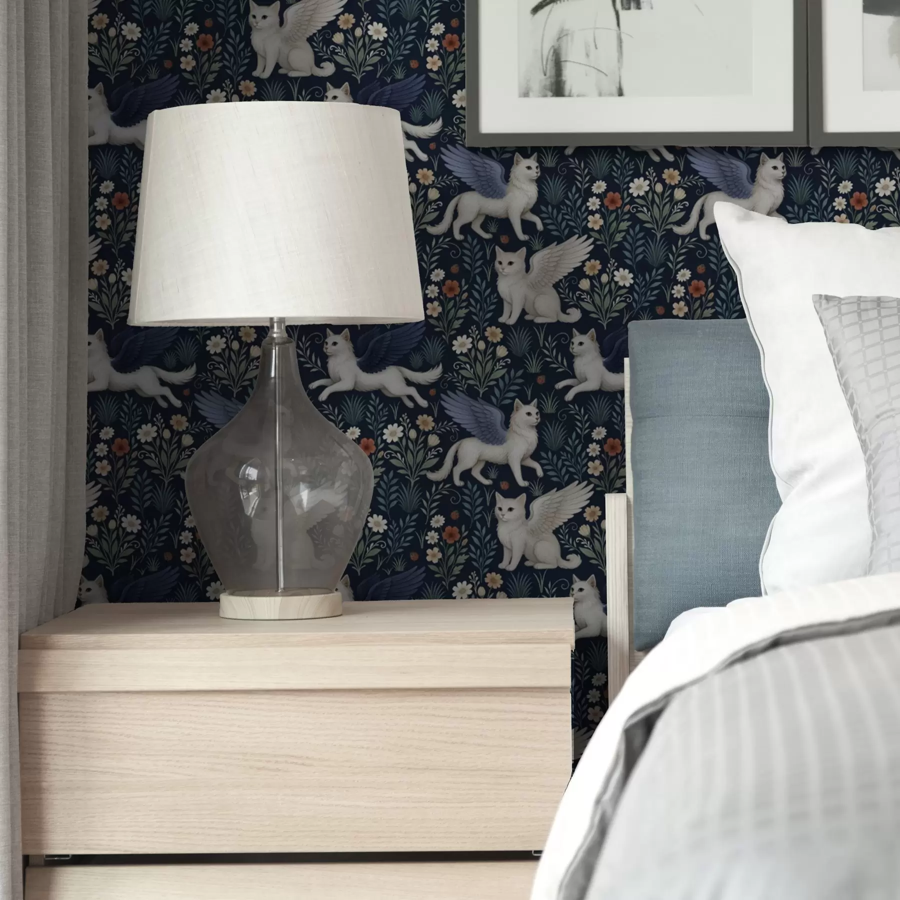 Fotobehang Fantasie katten met vleugels tussen bloemen a00408