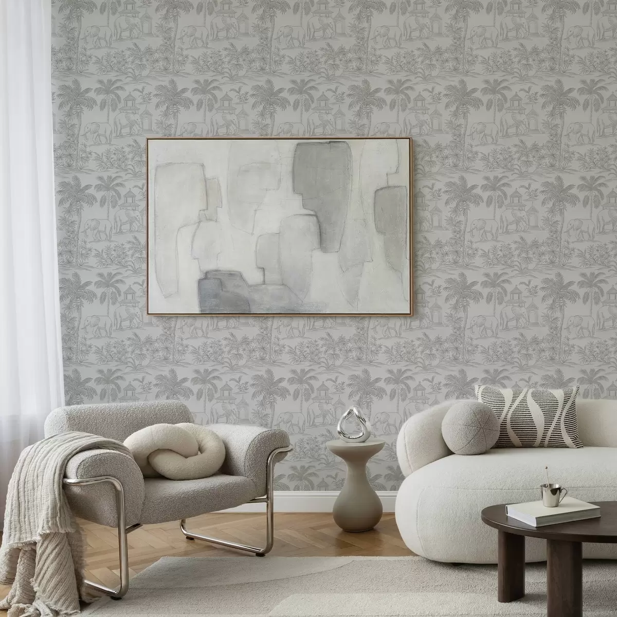 Behang Monochrome olifanten en jungle in grafische stijl a00410