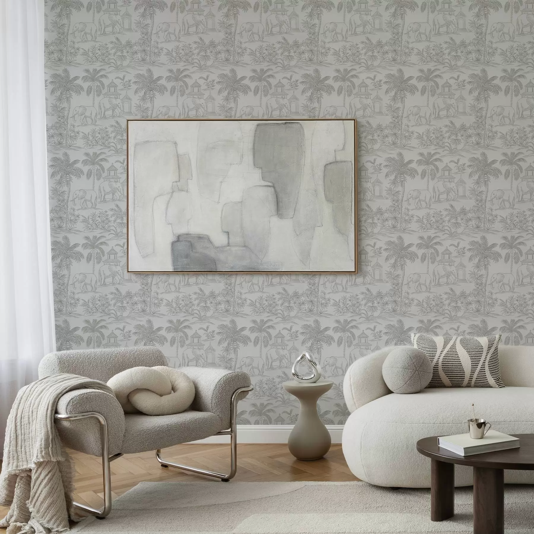 Papier peint photo Éléphants monochromes et jungle dans un style graphique a00410