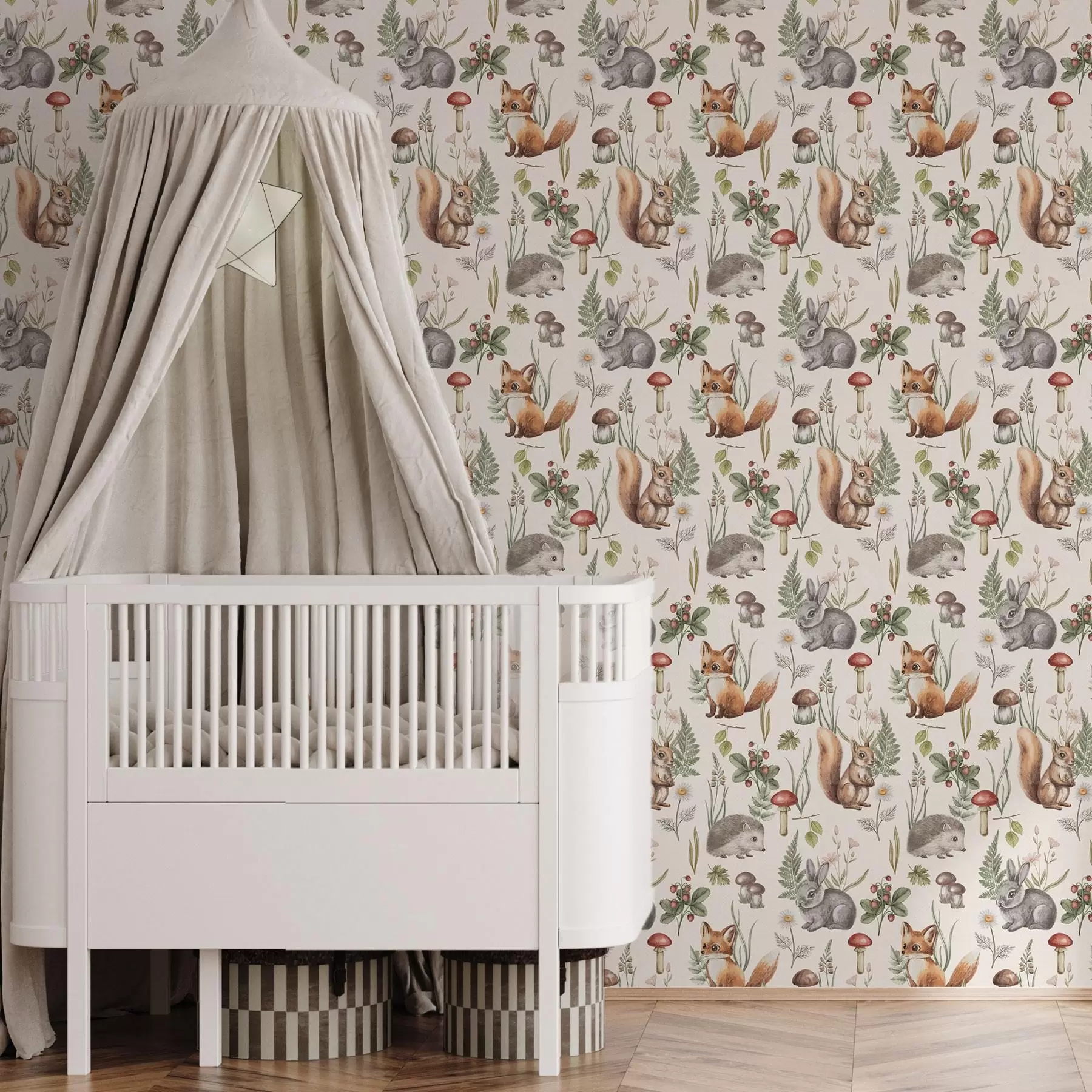 Papier peint photo Animaux, champignons et plantes de la forêt dans un style féerique a00477