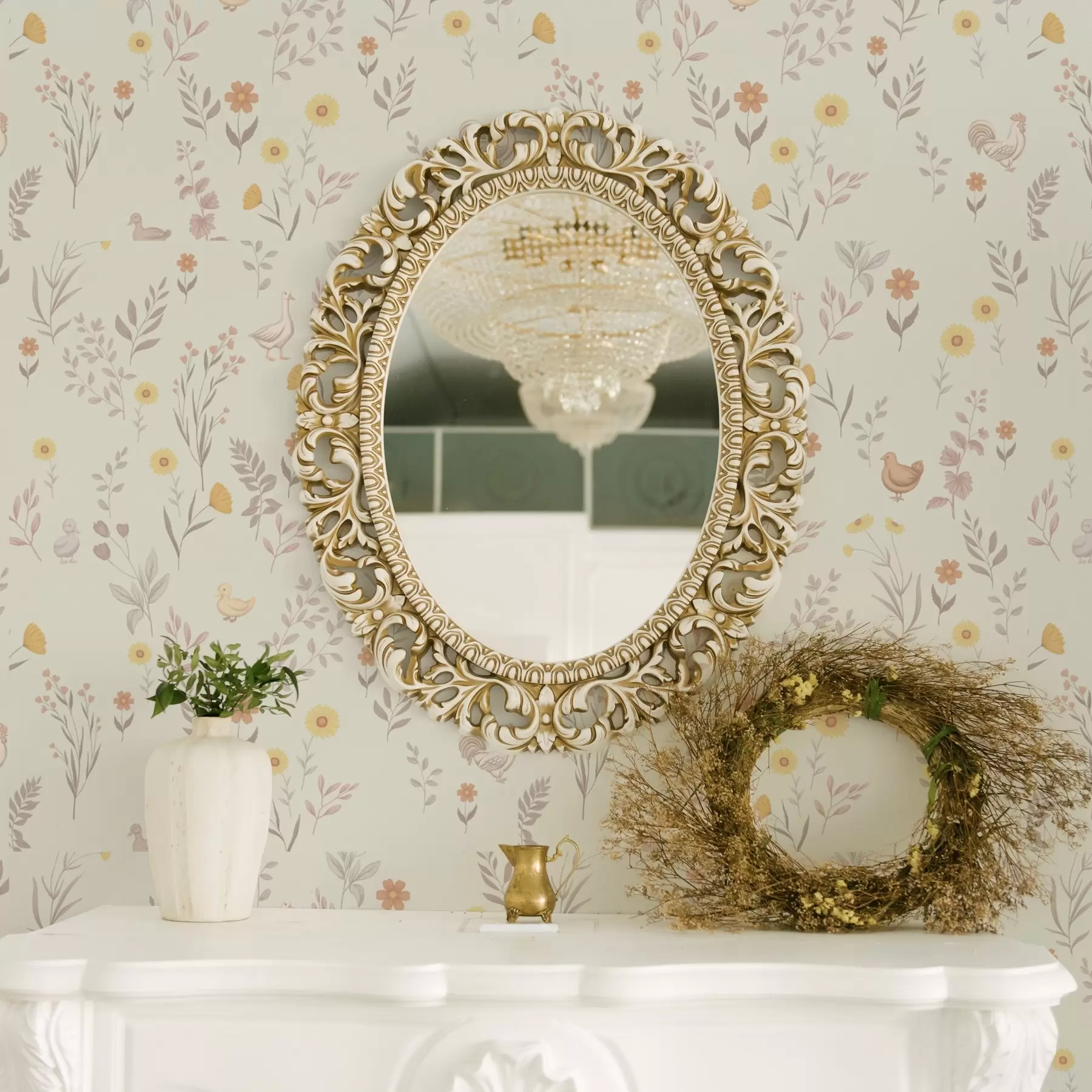 Fotobehang Veldbloemen en kippen in zachte pasteltinten a00478