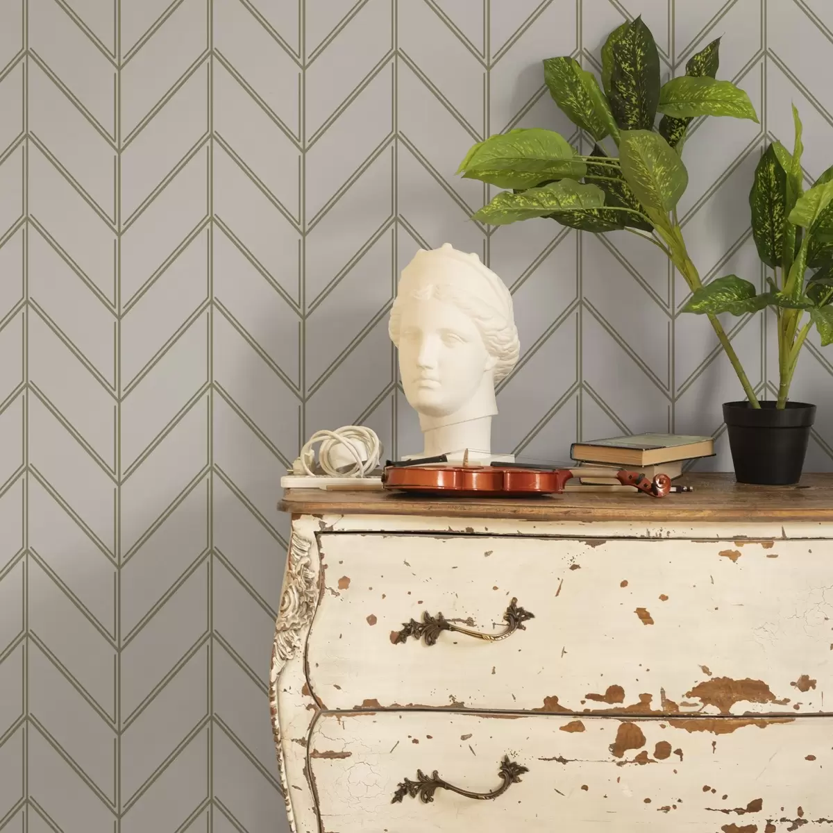 Behang Geometrie in de vorm van dennenbomen met dubbele lijnen a00488