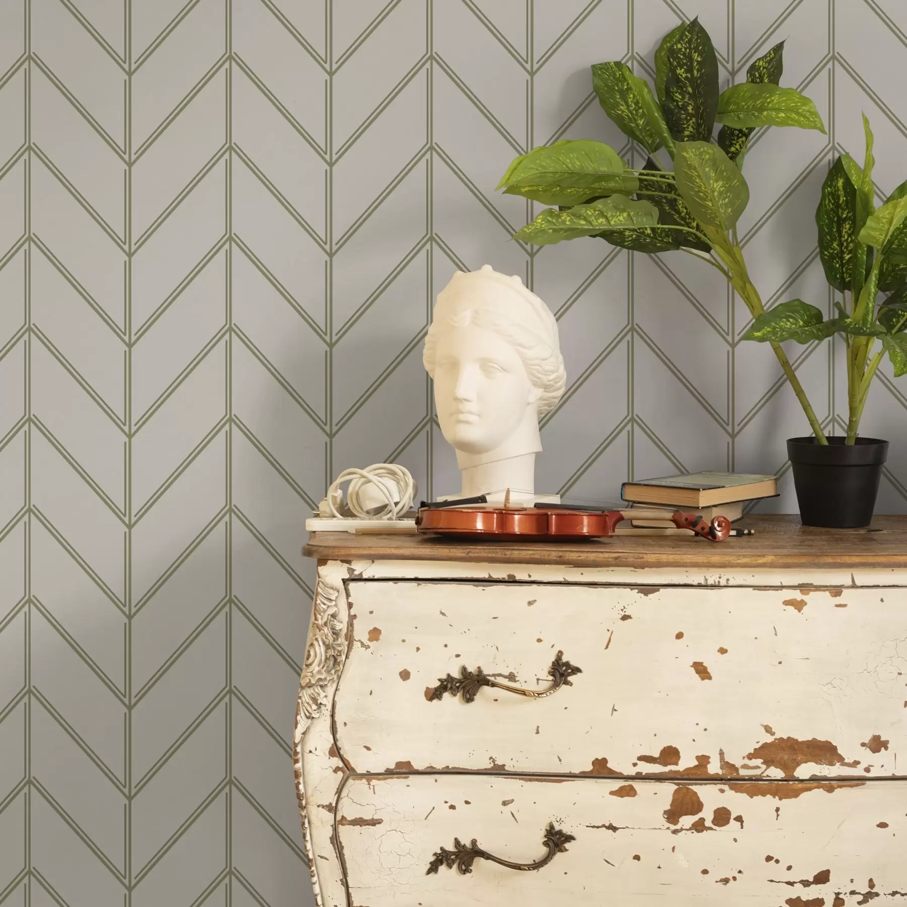 Fotobehang Geometrie in de vorm van dennenbomen met dubbele lijnen a00488