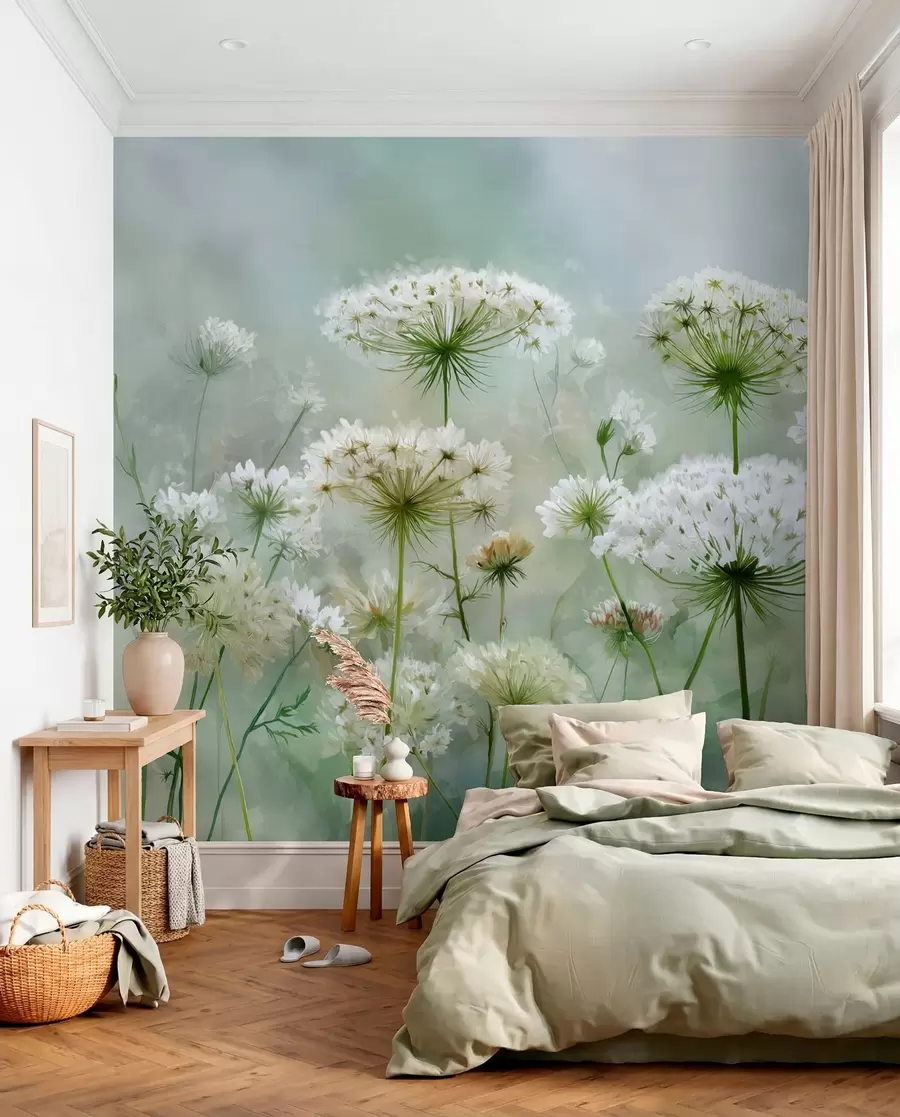 Papier peint photo délicates fleurs sauvages blanches Queen Anne, dans un style pittoresque, tons verts w04313