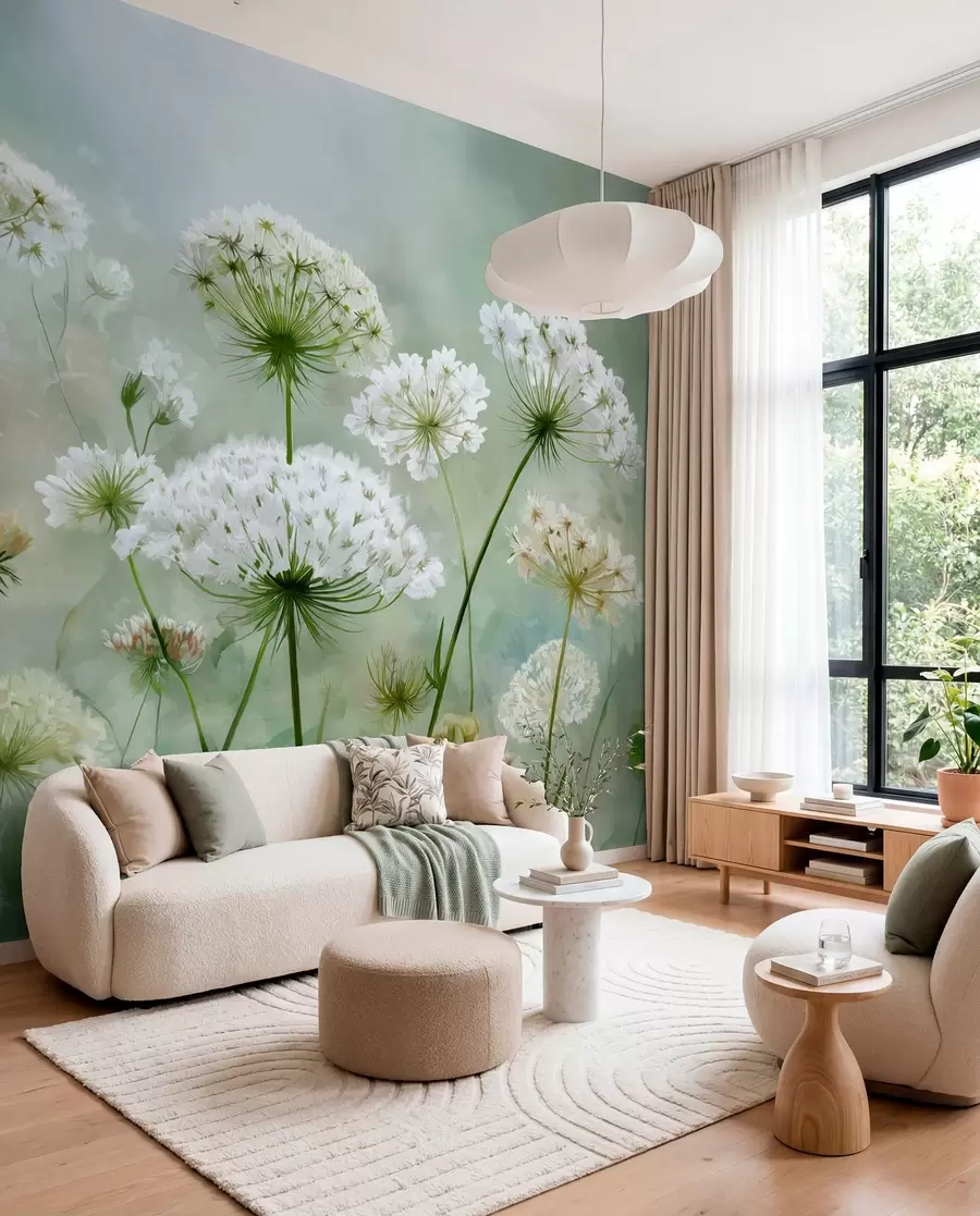 Fotobehang delicate witte wilde bloemen Queen Anne, in een schilderachtige stijl, groene tinten w04313