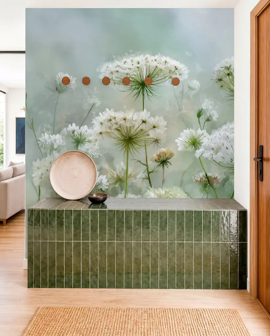 Papier peint photo délicates fleurs sauvages blanches Queen Anne, dans un style pittoresque, tons verts w04313