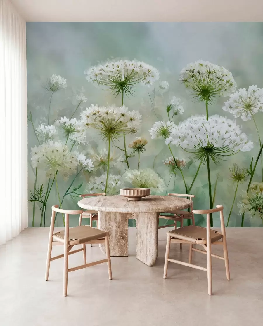 Papier peint photo délicates fleurs sauvages blanches Queen Anne, dans un style pittoresque, tons verts w04313