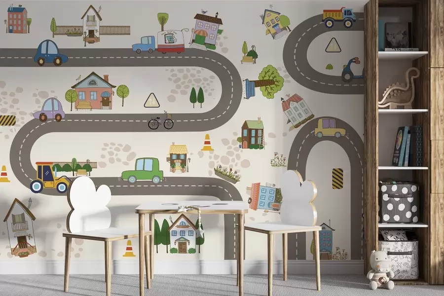 Papier peint photo Route pour enfants avec voitures et maisons colorées w04404
