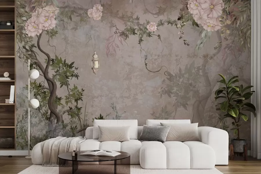 Papier peint photo Jardin de fées avec fleurs, arbres et lanterne w04416