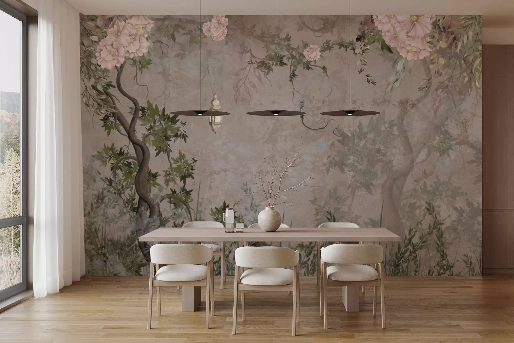 Fotobehang Sprookjestuin met bloemen, bomen en lantaarn w04416