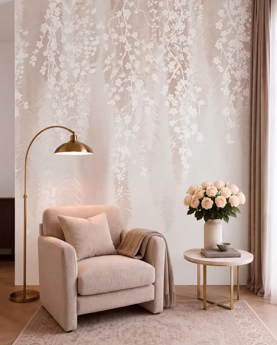 Fotobehang Lichte takken met witte bloemen op een zachte achtergrond w04417