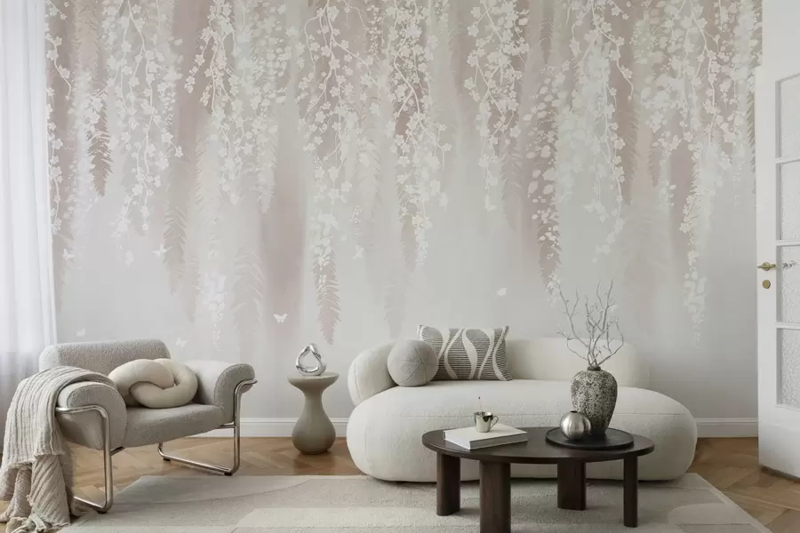 Fotobehang Lichte takken met witte bloemen op een zachte achtergrond w04417