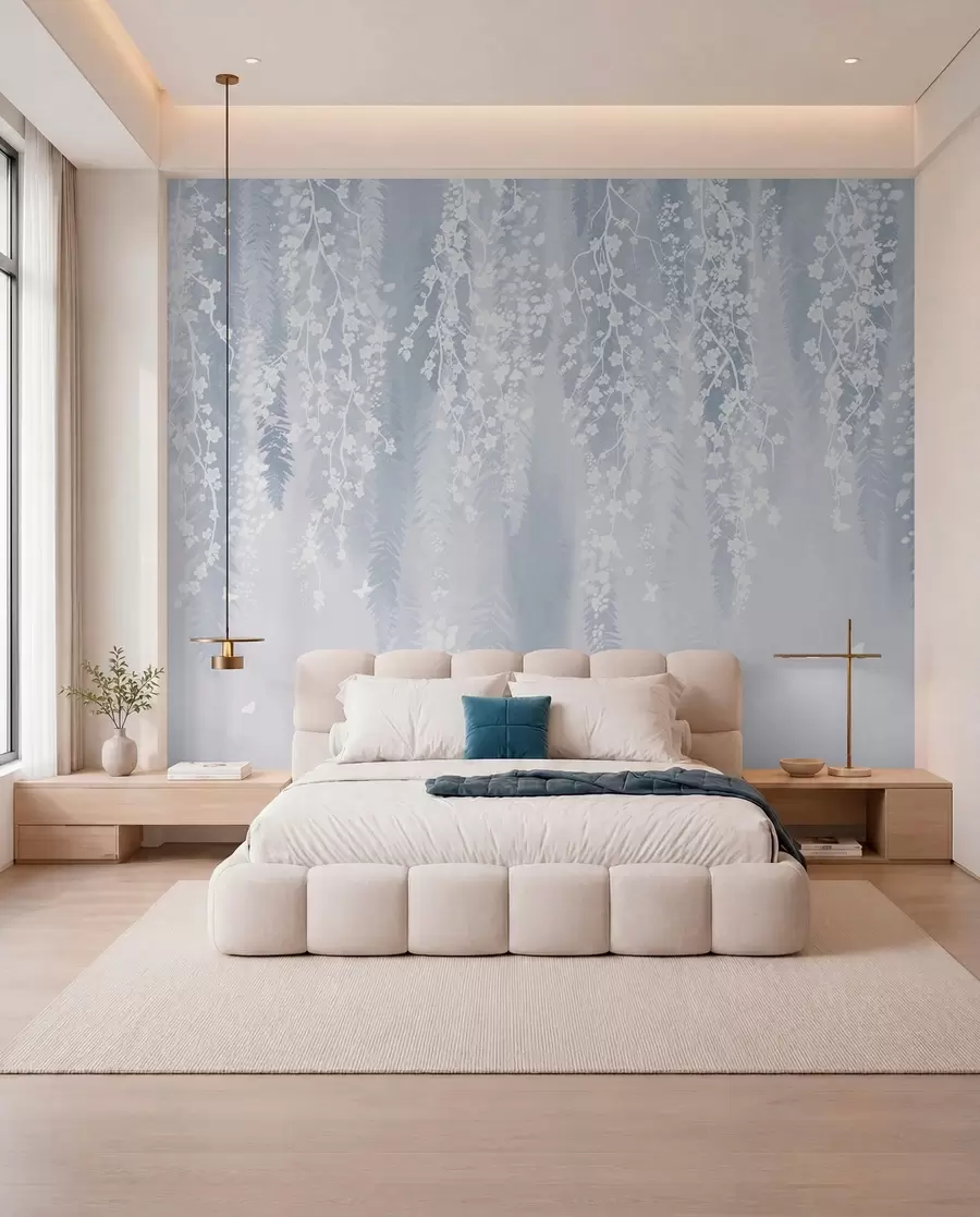 Fotobehang Koele blauwe versie van takken met witte bloemen w04417v2